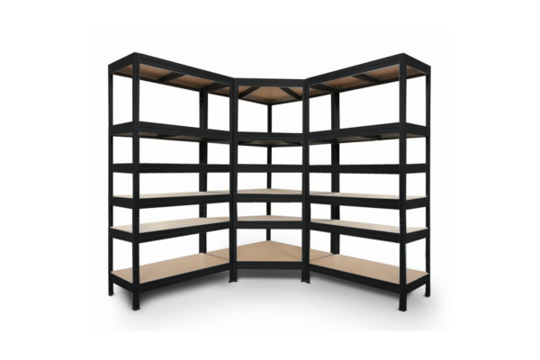 Rohový regálový systém 2200x700x400x425 mm, 2x 2200x900x400 mm, kovový lakovaný 6-policový, nosnost 3000 kg - ČERNÝ - 5 420 Kč